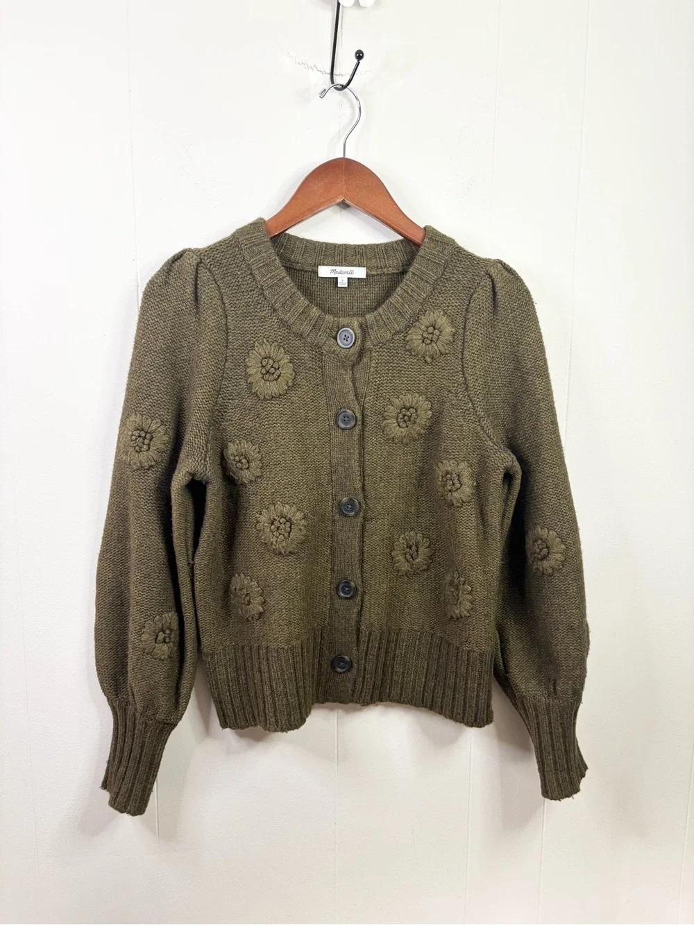 Madewell Embroidered Edencroft Pleat-Sleeve Cardigan Sweater heathered green  SM